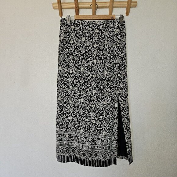 Talbots Petites 100% Silk Black White Floral Midi Skirt Size 10P Lined Side Slit - Picture 2 of 14